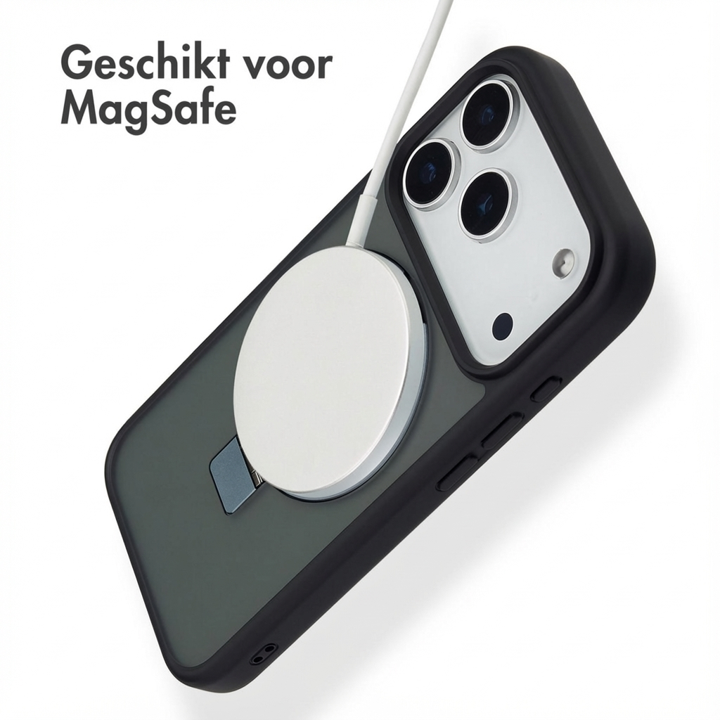 iPhone avec chargeur MagSafe, coque noire, disque de charge blanc.