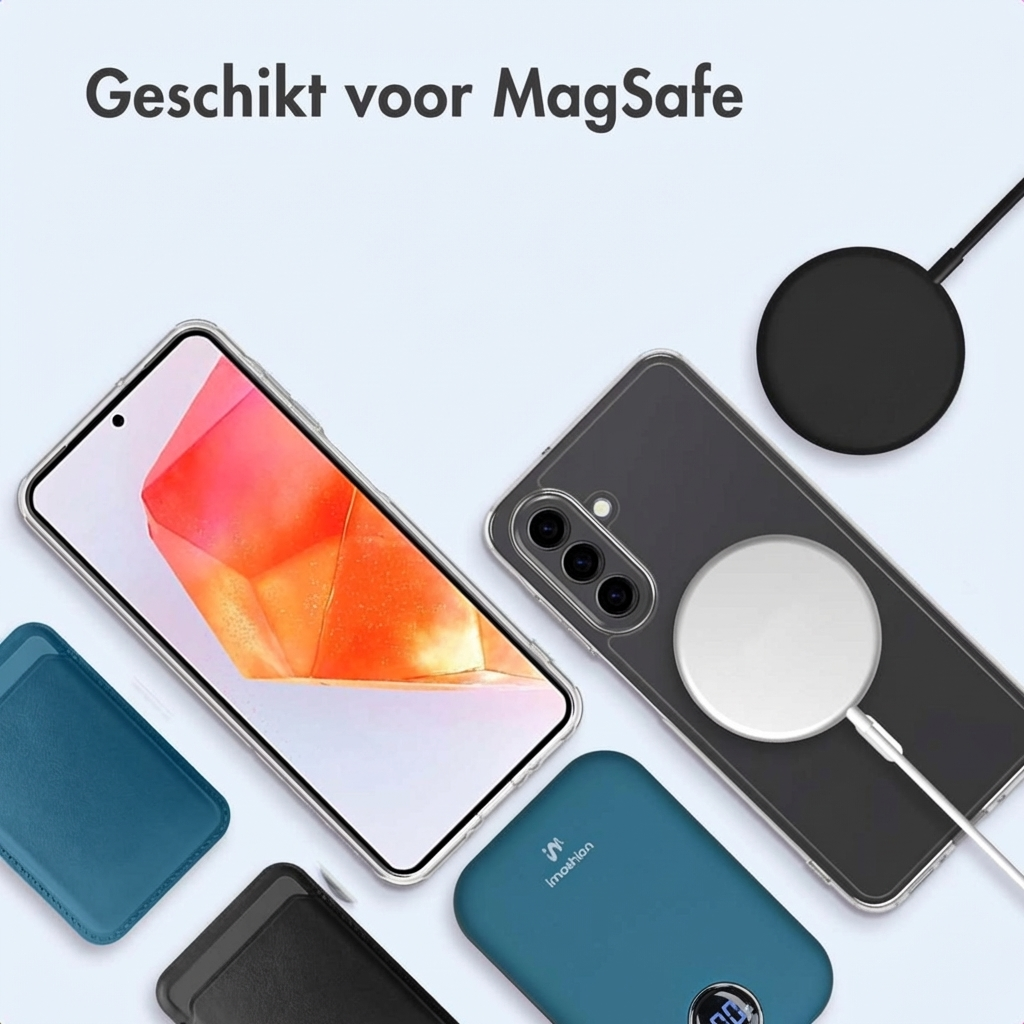 Un smartphone avec chargeur MagSafe, une power bank et des étuis sur fond clair.