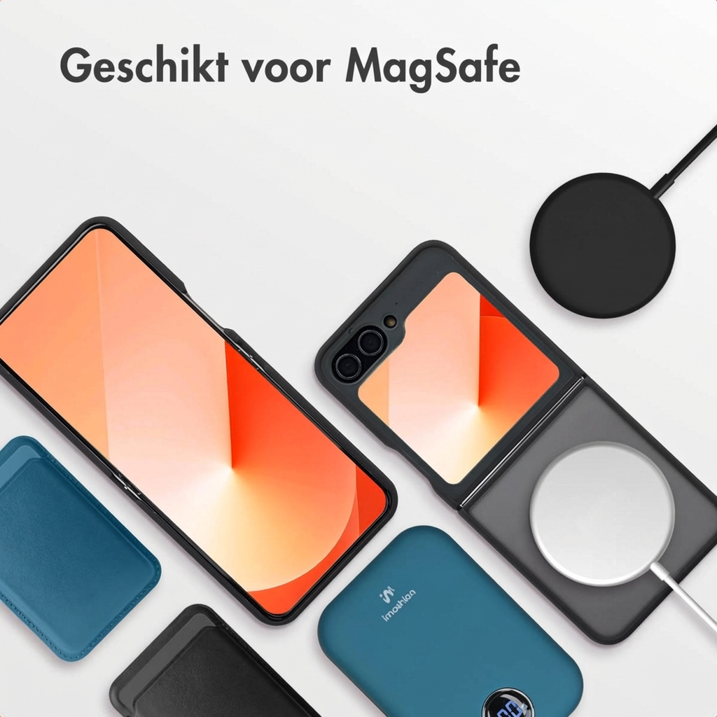Twee telefoonhoesjes, een opvouwbare telefoon, een powerbank en een oplader.