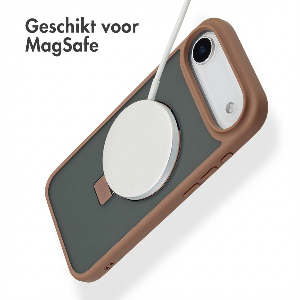 Coque marron pour téléphone avec chargeur MagSafe et câble blanc.