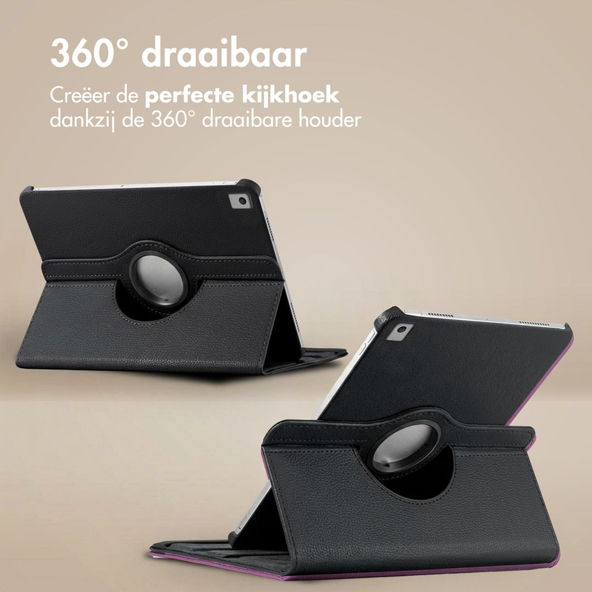 Black tablet case with 360-degree swivel and purple trim.