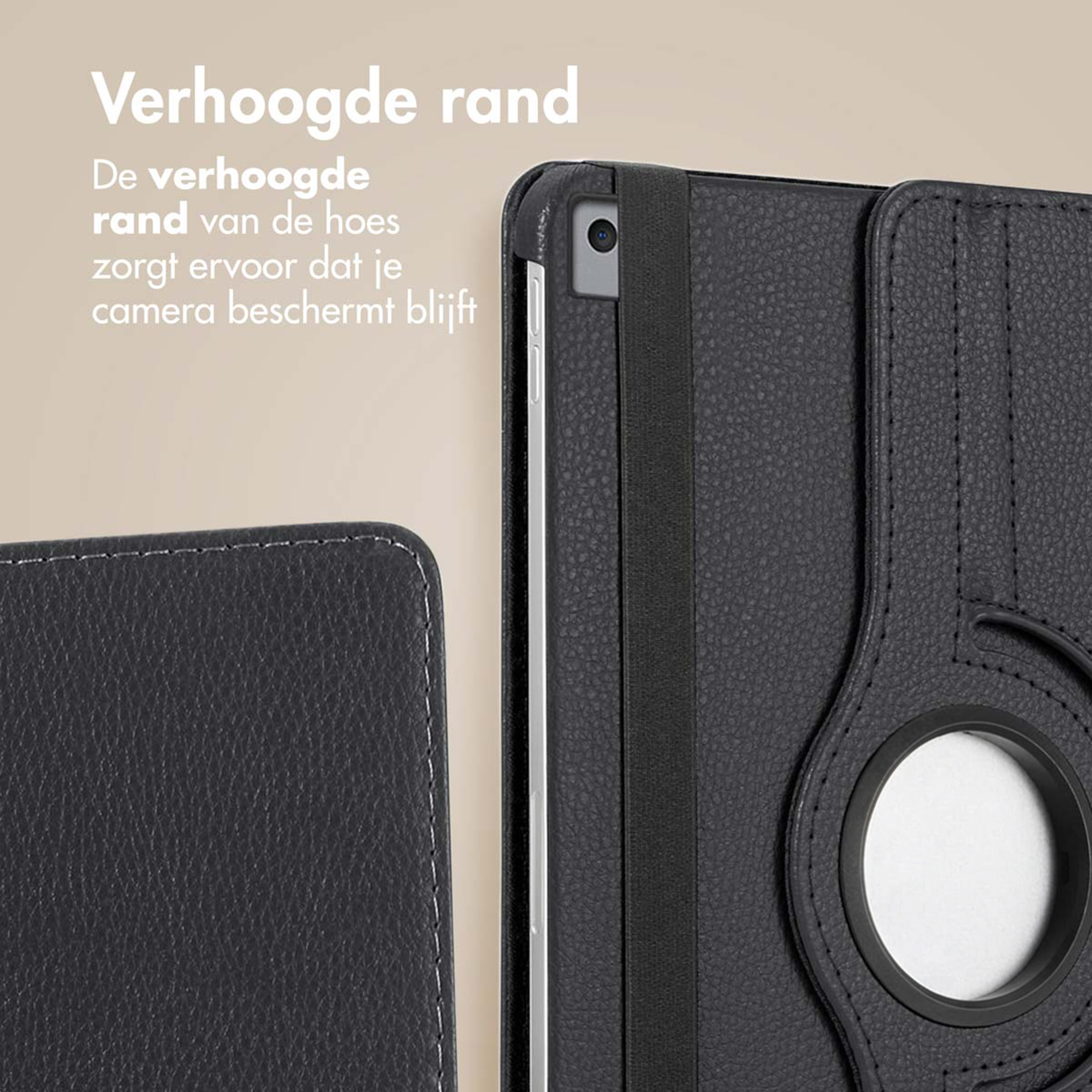 Black leather case with raised edges to protect the camera.