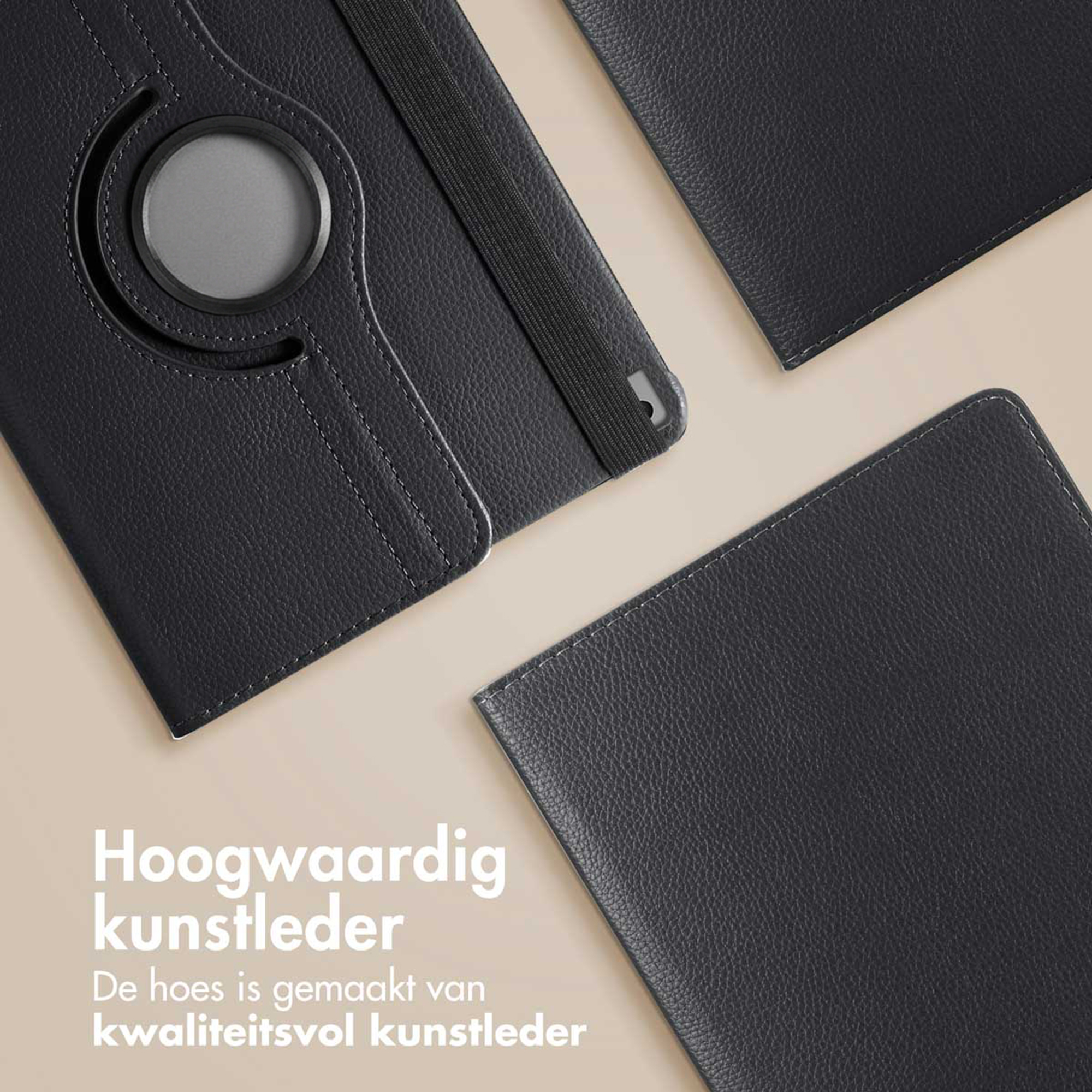Black faux leather tablet case with a round cutout and elastic band.
