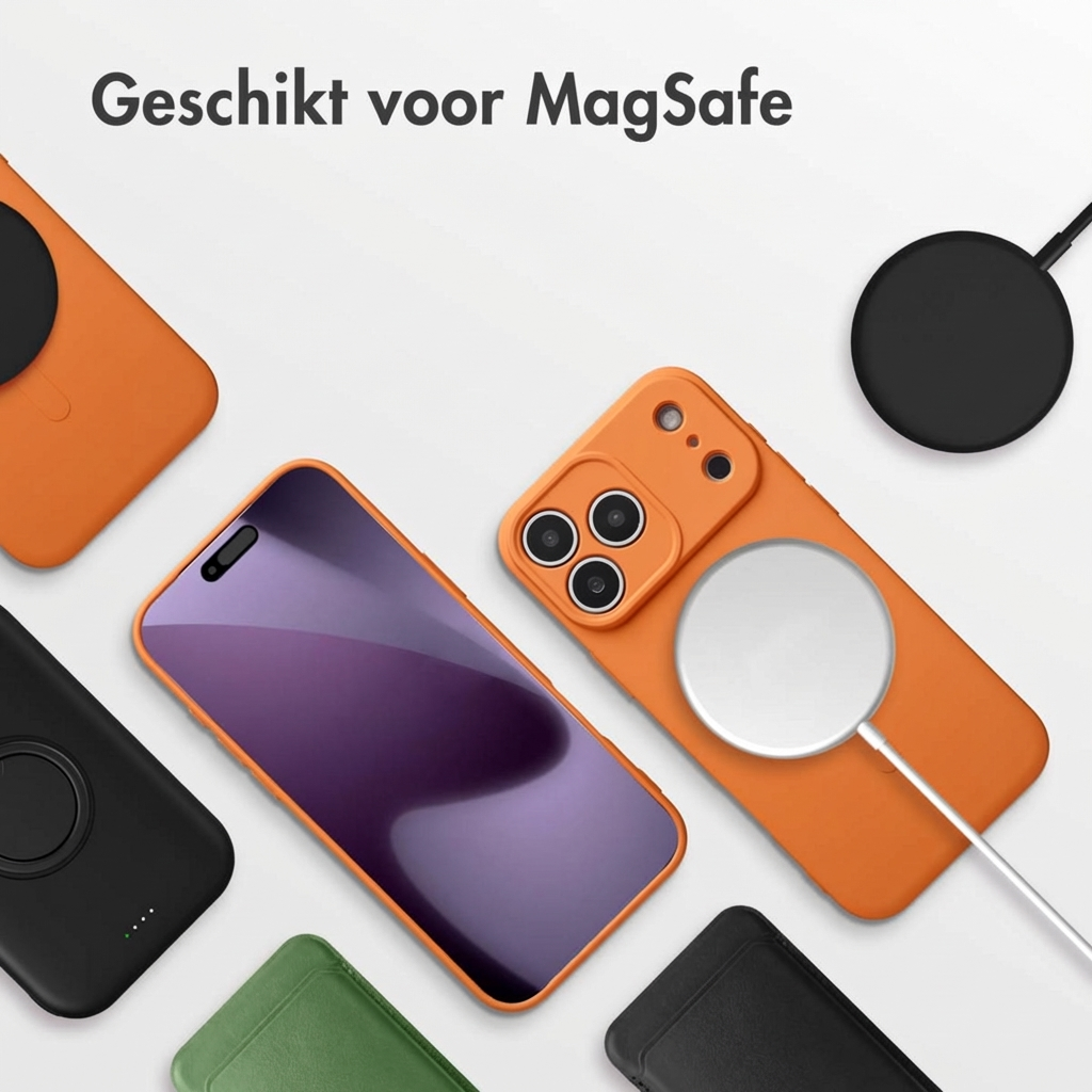 Oranje iPhone hoesje met MagSafe lader en telefoon op witte achtergrond.