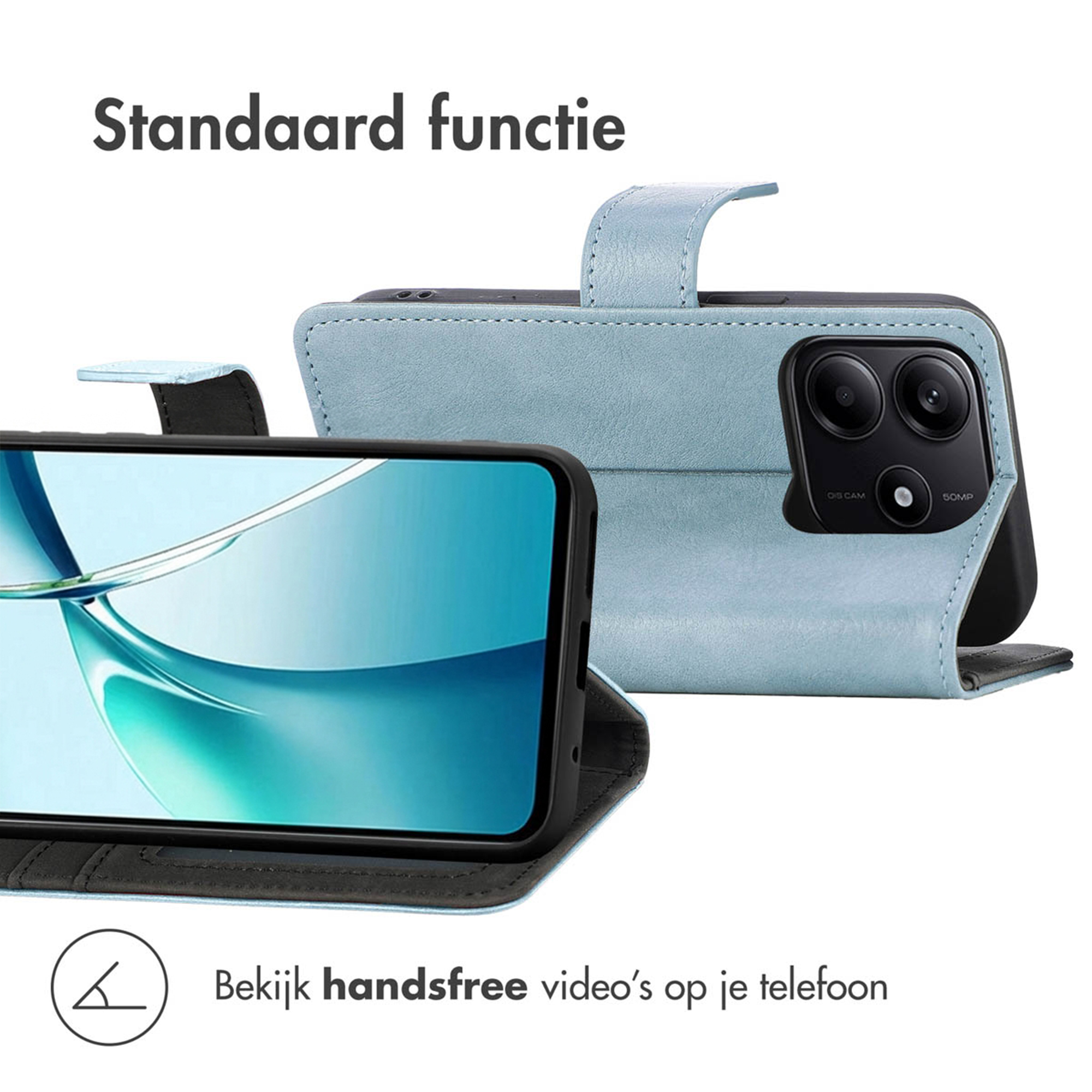 Een lichtblauwe telefoon flipcase met camera en scherm.