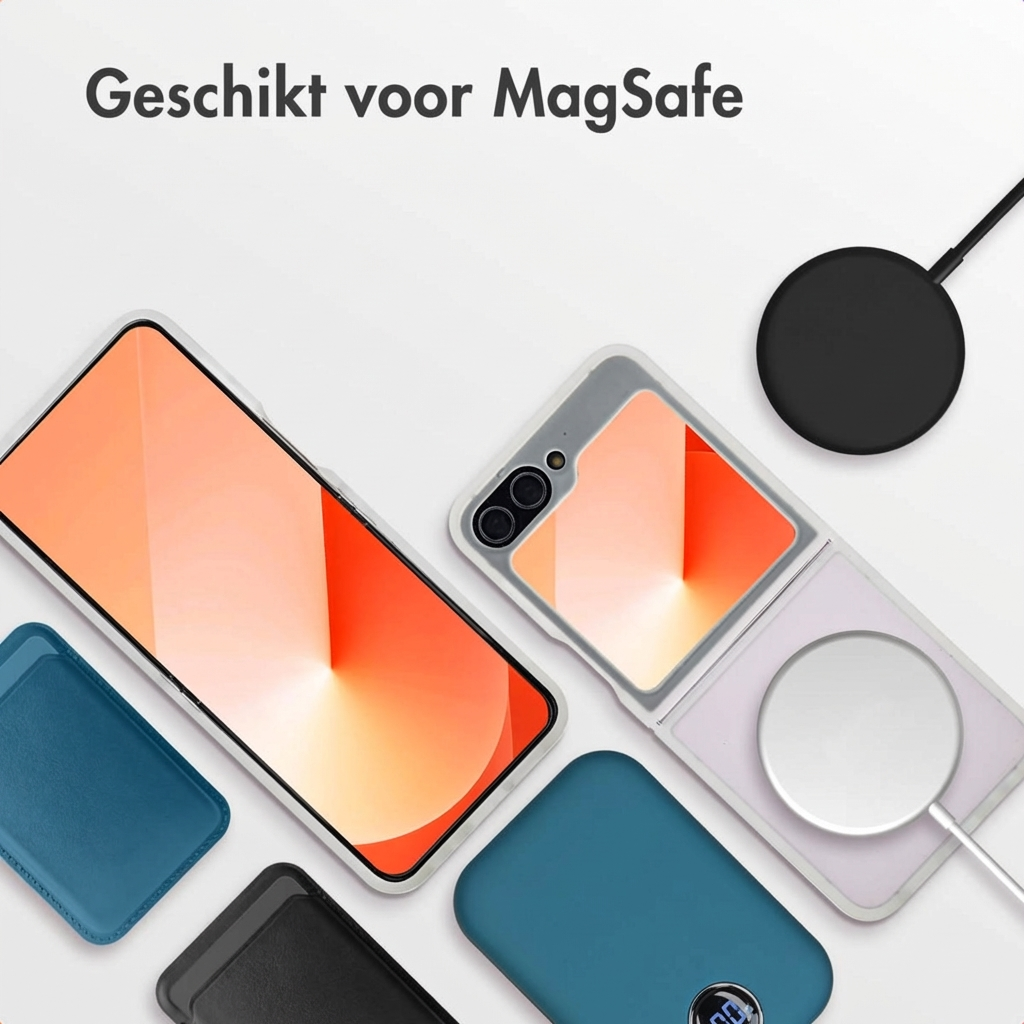 Lay-out van smartphone-accessoires met een open en gesloten klaptelefoon, oplader en hoesjes.