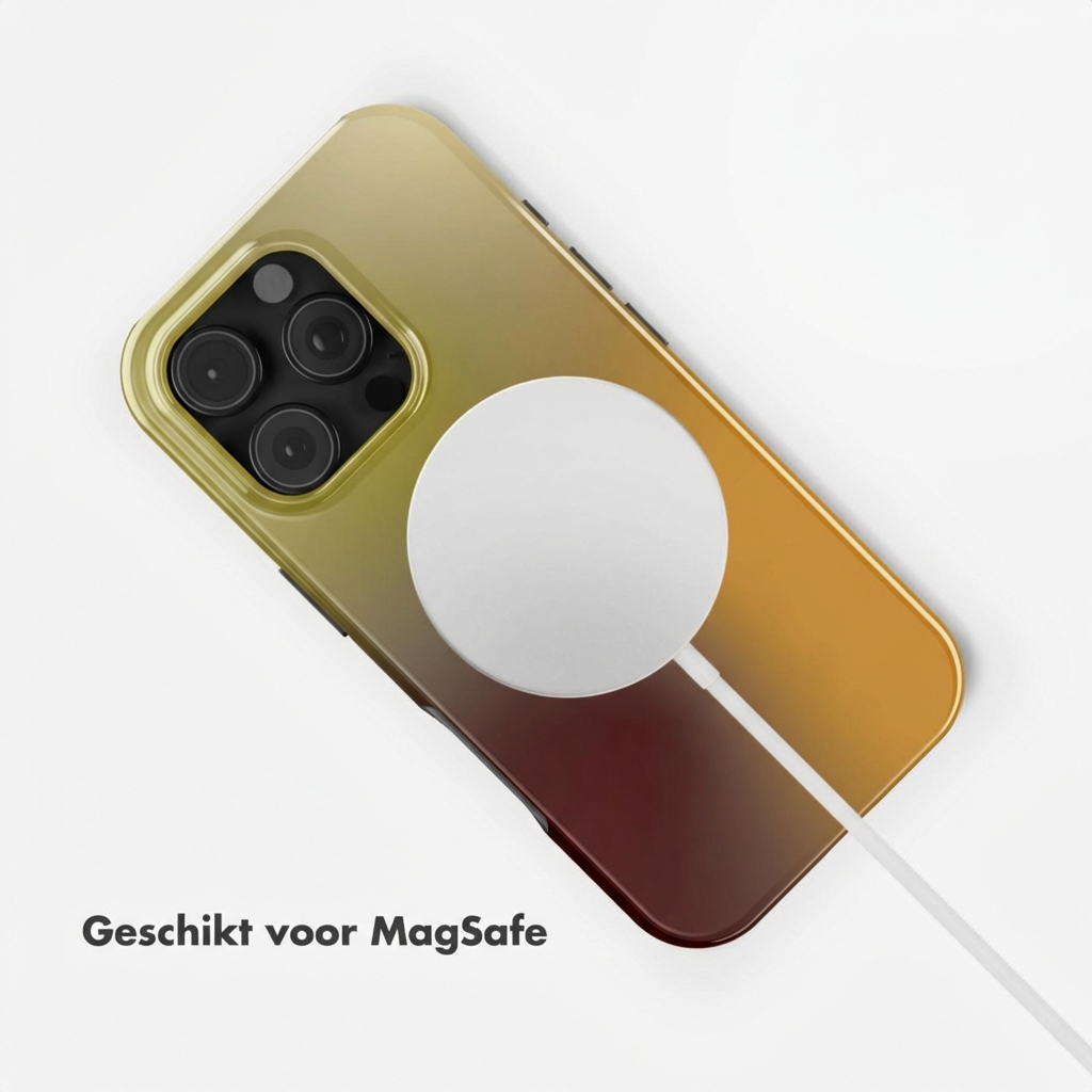 iPhone met MagSafe-oplader, verloop van geel naar rood.