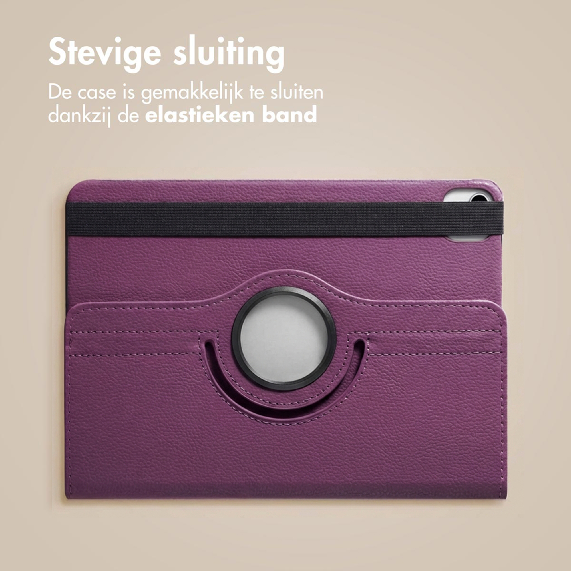 Purple tablet case with black elastic strap and card slots.