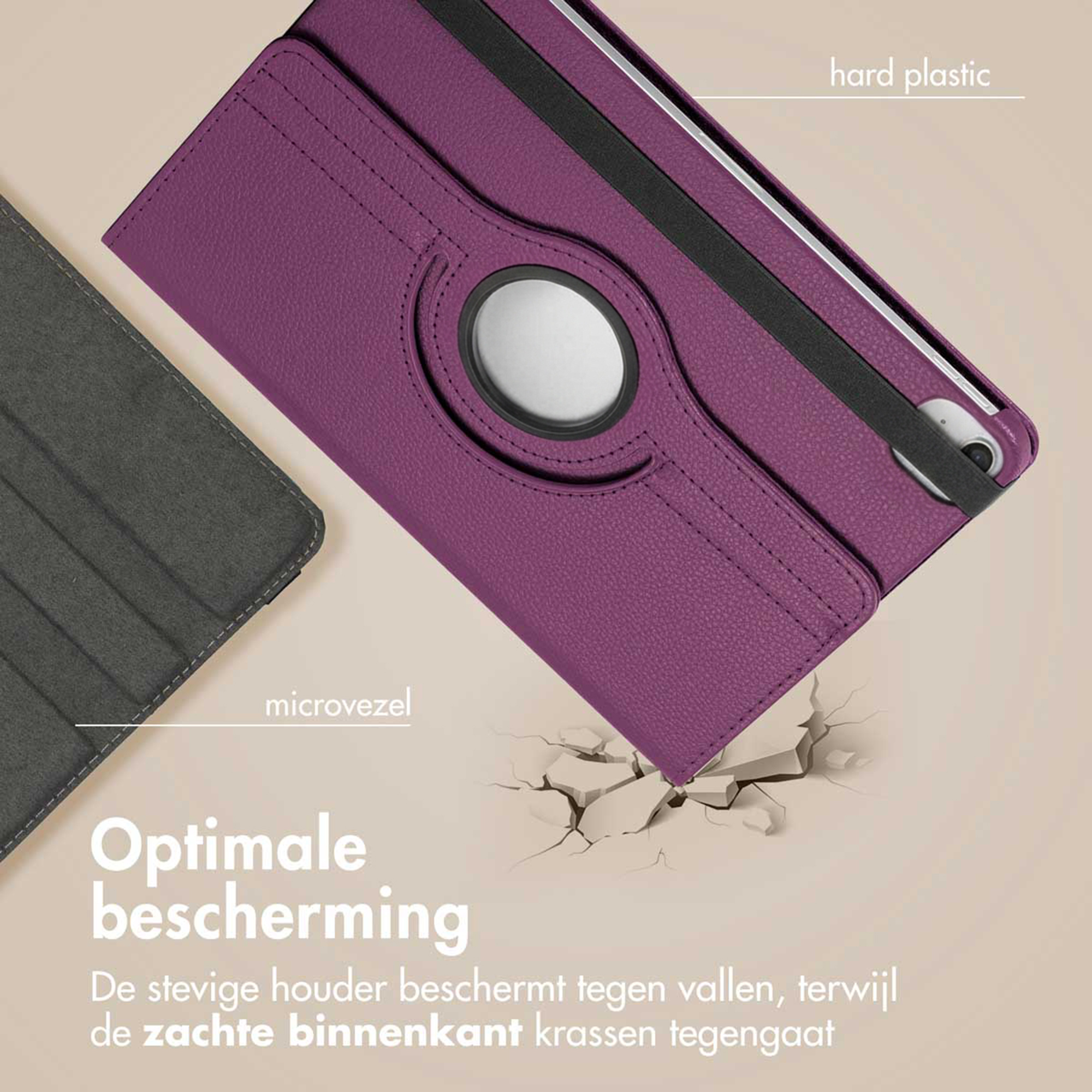 Purple tablet case made of hard plastic and microfiber with a strap and circular opening.