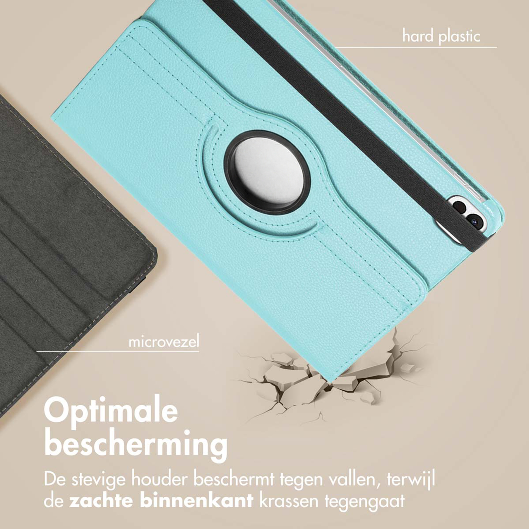 Un étui turquoise pour tablette en plastique et microfibre avec sangle noire.