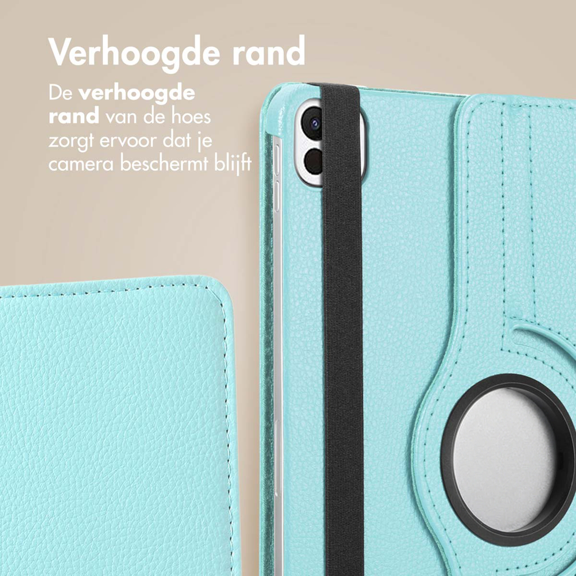 Un étui pour tablette bleu clair avec un bord surélevé et une sangle noire.