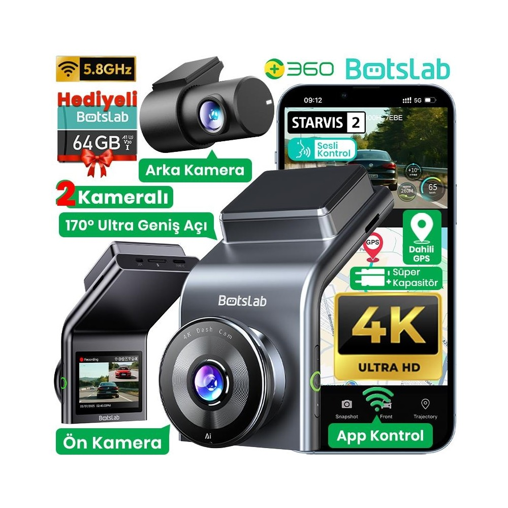 Twee dashcams met 4K Ultra HD, 5,8 GHz wifi, 64 GB opslag en app-bediening.
