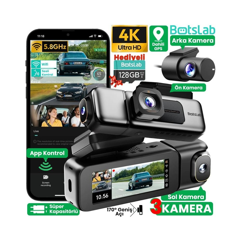 Botslab Dashcam: 4K voor-, achter- en interieurcamera's met GPS en 128GB opslag.