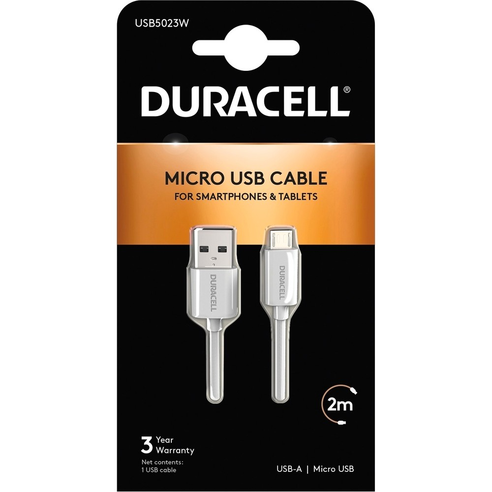 Duracell Micro USB kablosu, 2m uzunluk, USB-A ve Micro USB konektörlü.