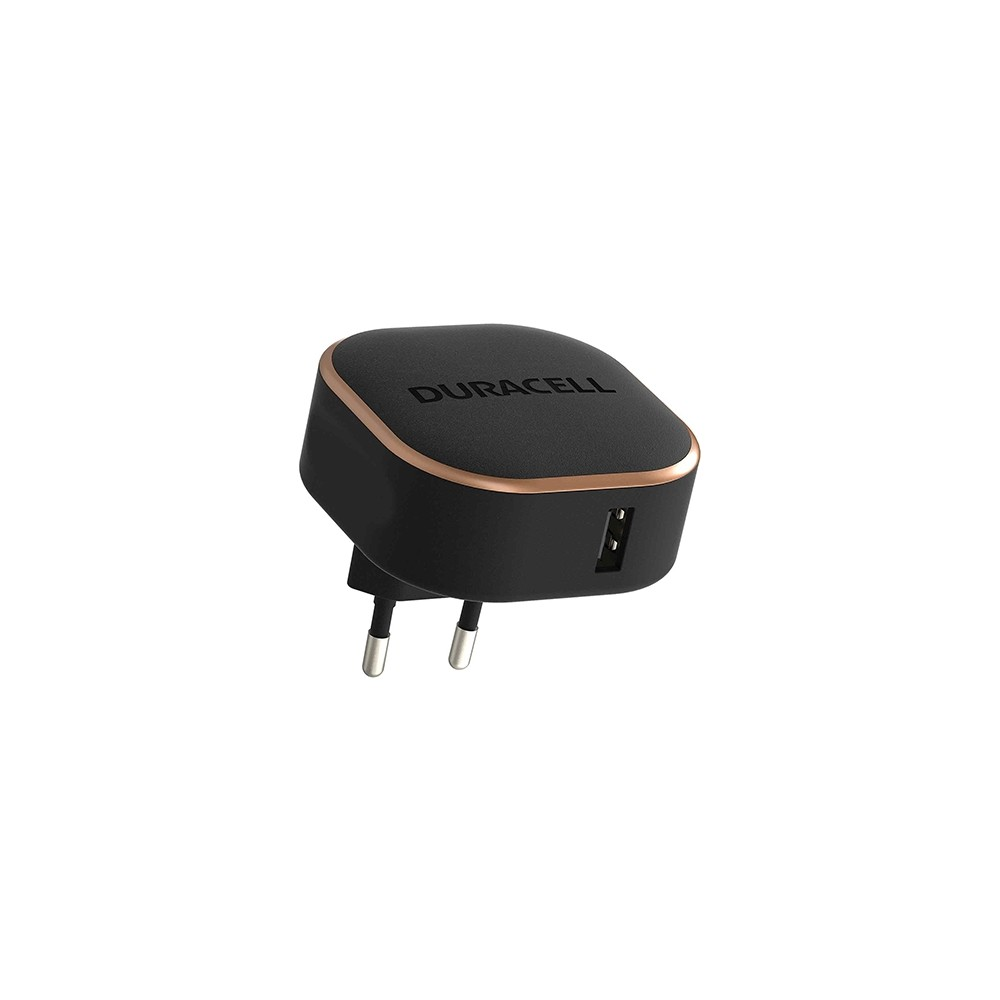 İki pinli ve USB bağlantı noktalı siyah Duracell şarj cihazı fişi, altın kenarlı.