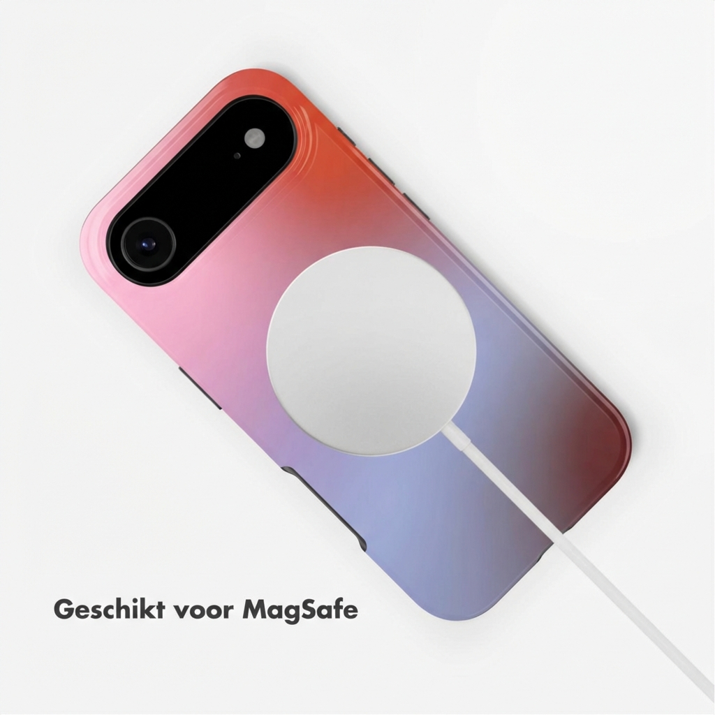 Arrière d'un smartphone dégradé, chargeur MagSafe attaché.