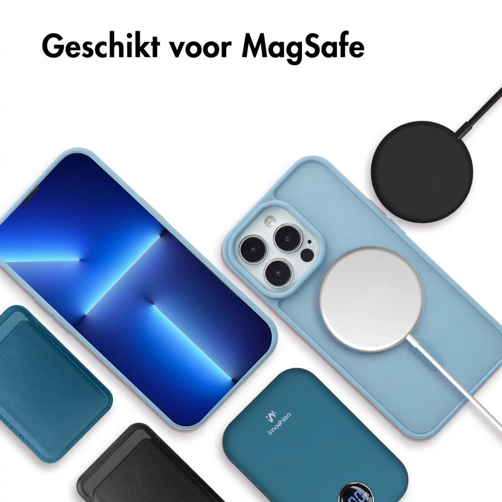 Un iPhone bleu avec chargeur MagSafe, coque, batterie externe et porte-cartes.