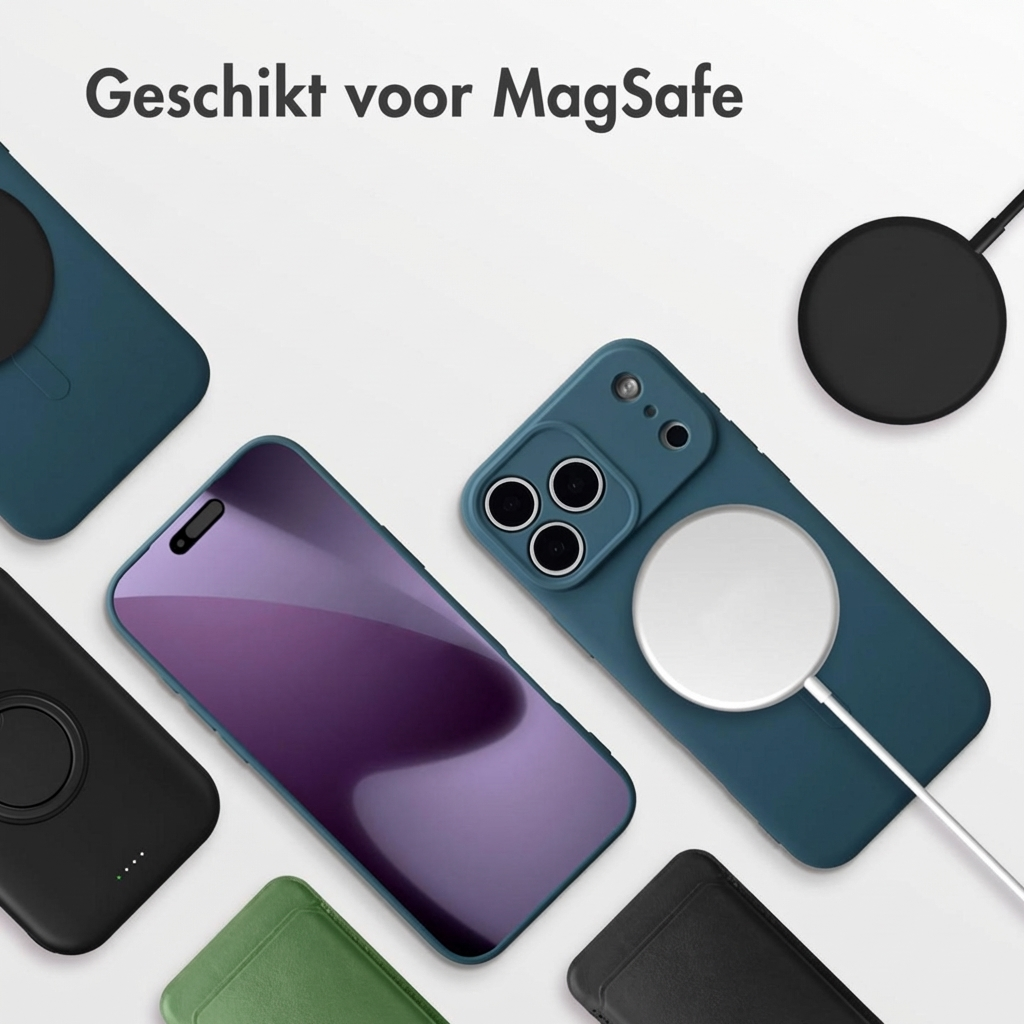 Een smartphone met MagSafe-oplader en hoesjes in diverse kleuren.