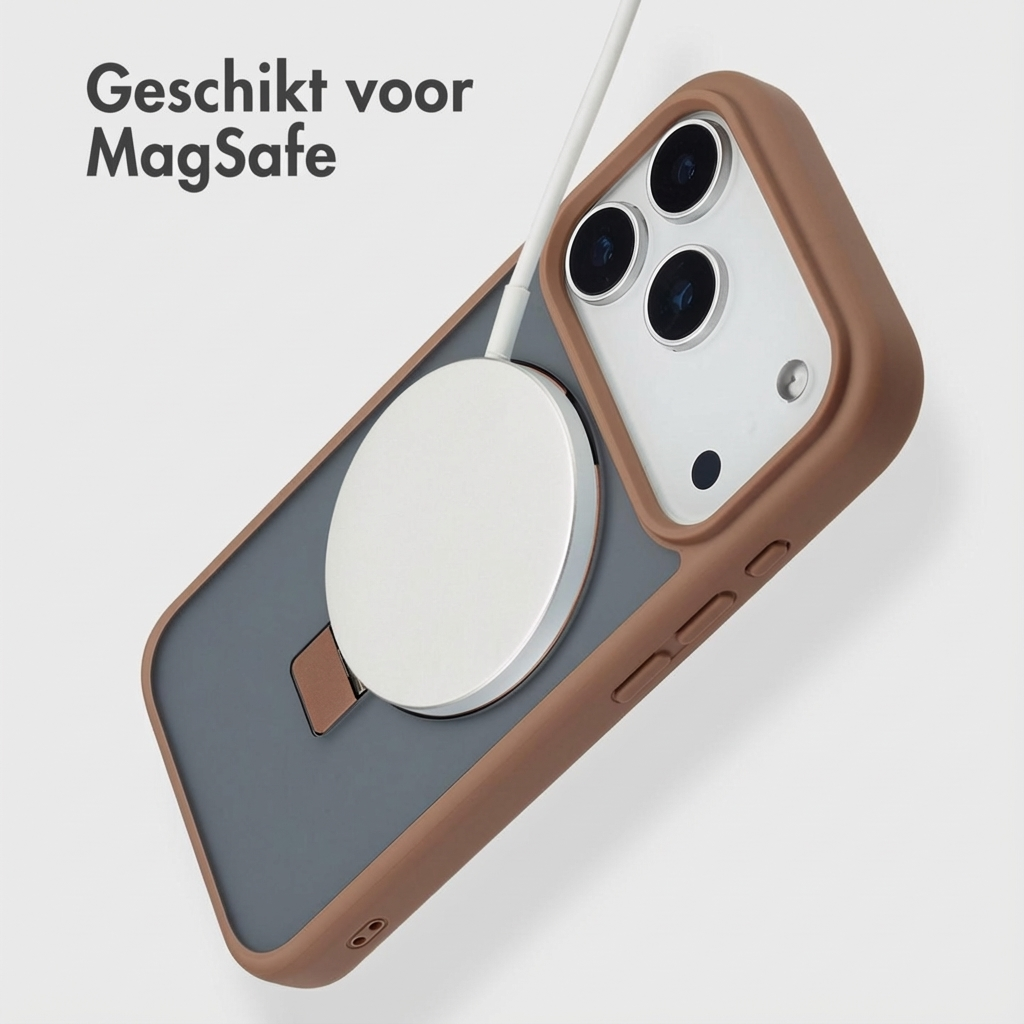 Braunes iPhone-Gehäuse mit MagSafe-Ladegerät und drei Kameralinsen.