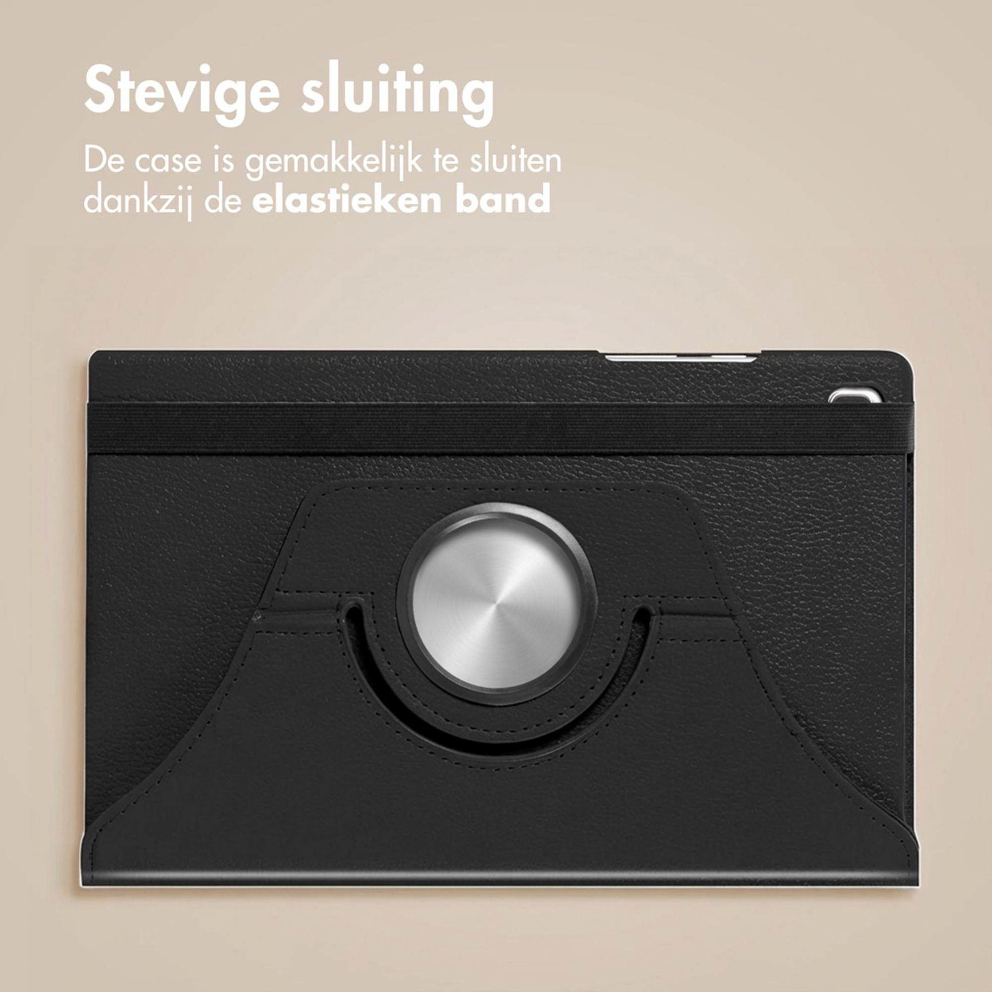 Black tablet case with elastic strap and silver circular detail.