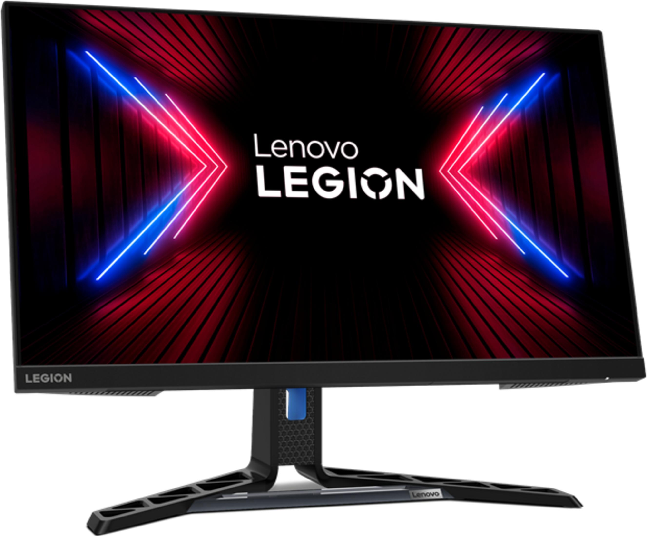 Monitor Lenovo Legion con supporto nero e sfondo geometrico rosso/blu.