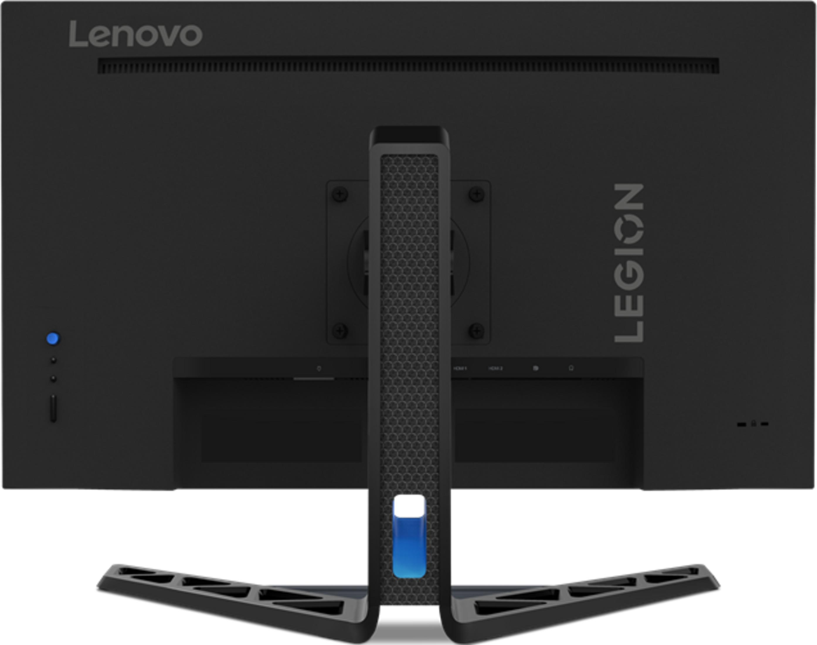 Vista posteriore di un monitor Lenovo Legion nero con porte e supporto.