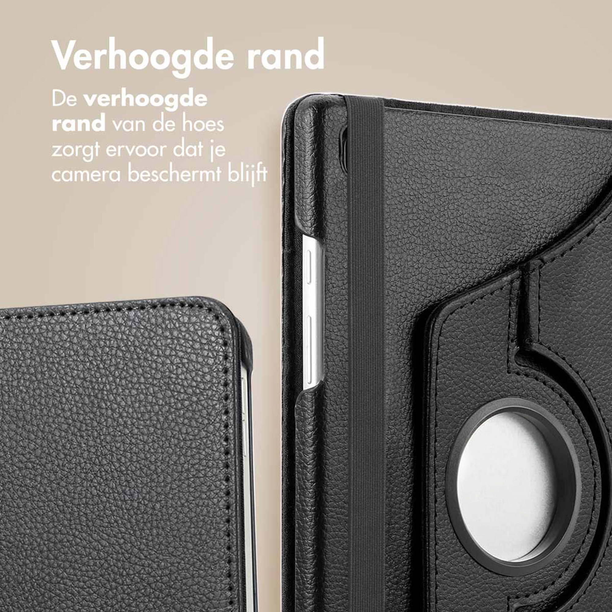 Black leather case with a raised edge protecting the camera.