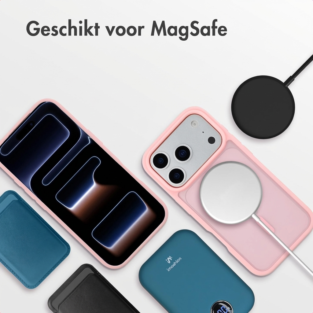 Twee iPhones met MagSafe hoesje, oplaadkabel en powerbank.