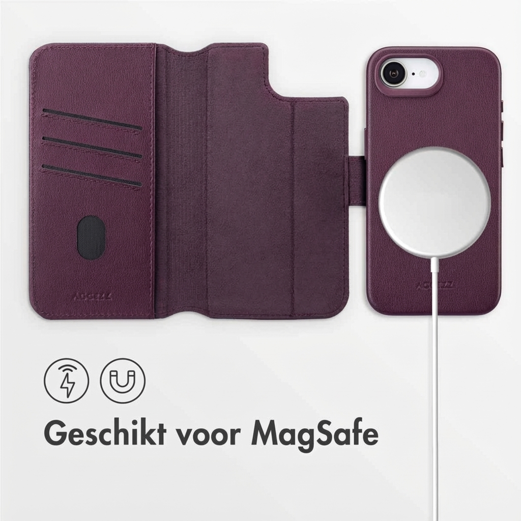 Custodia iPhone in pelle viola con caricatore MagSafe e slot.