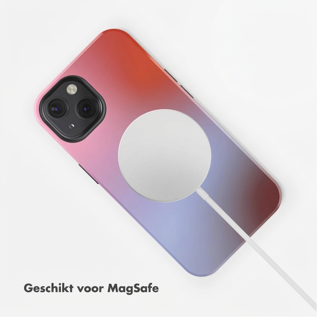Custodia iPhone con cavo di ricarica MagSafe, sfumatura da rosso a viola.