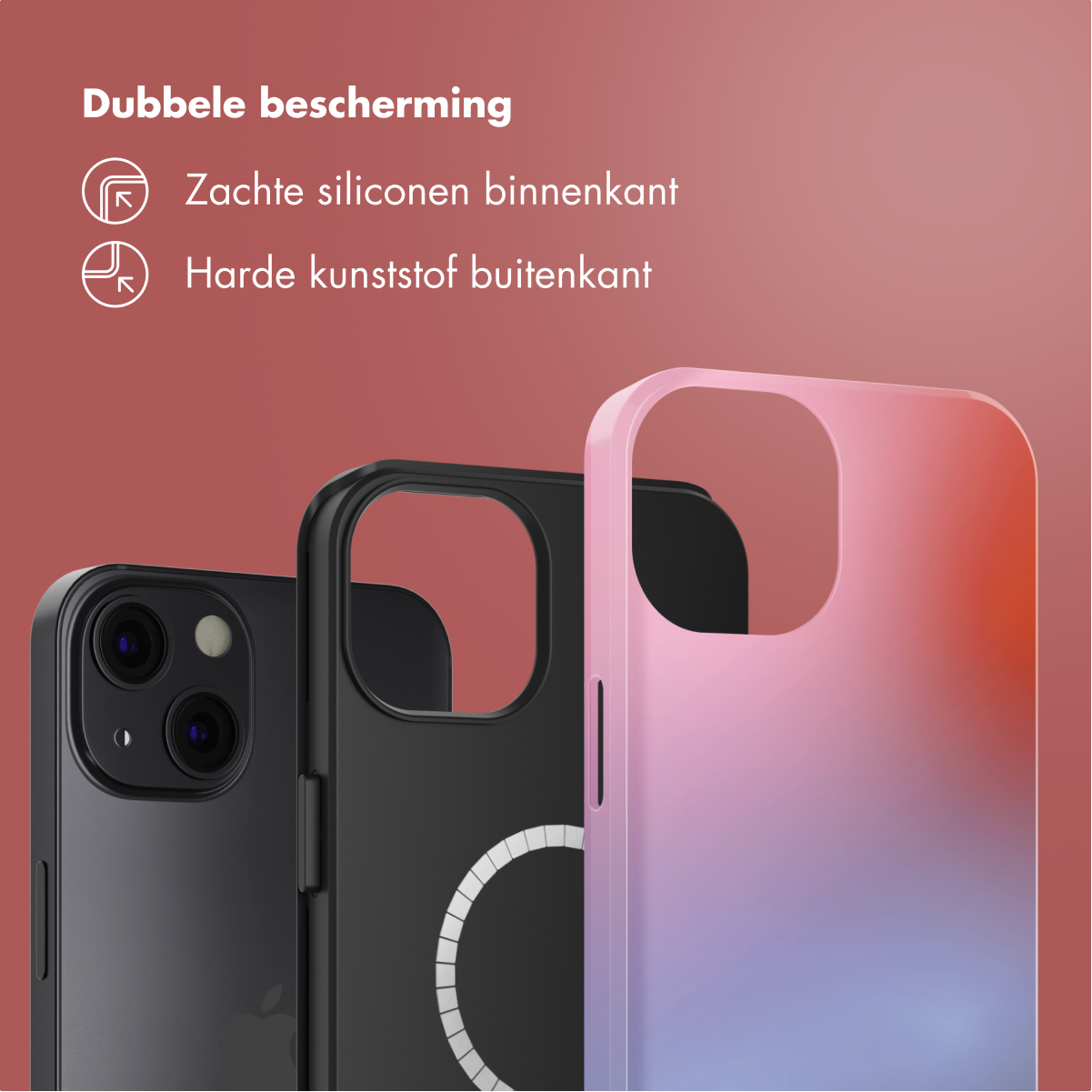 Tre custodie per telefono: nere, nere con anello magnetico e sfumate rosa-viola.