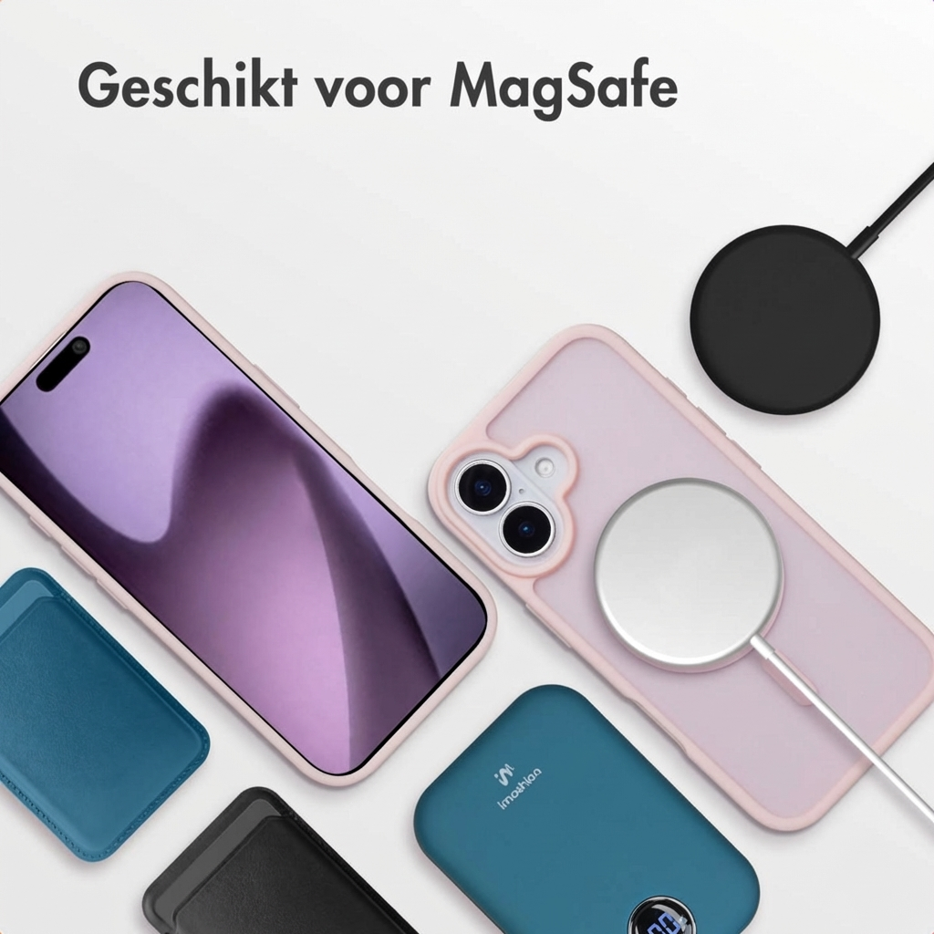 Een smartphone met MagSafe accessoires: hoesjes, lader en powerbank.
