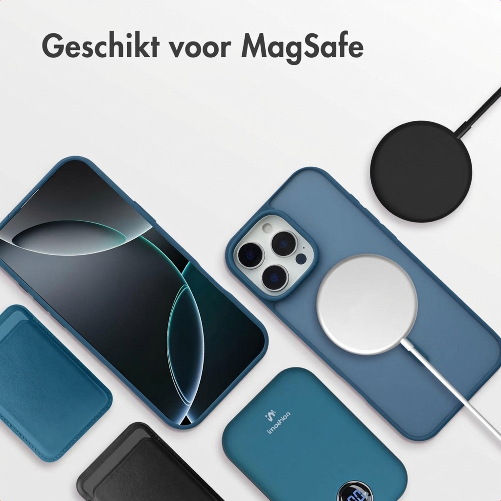 Een blauwe iPhone hoes met MagSafe oplader, powerbank en kaarthouder.