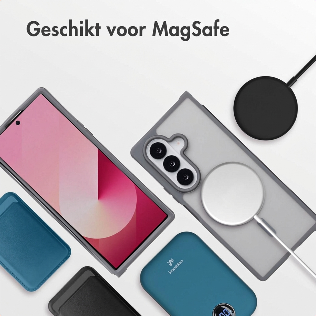 Een smartphone met MagSafe accessoires, inclusief hoesjes en laders.