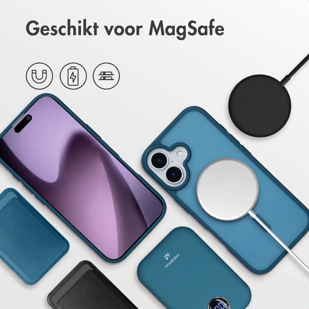 Een smartphone met MagSafe accessoires: hoesje, oplader, powerbank.