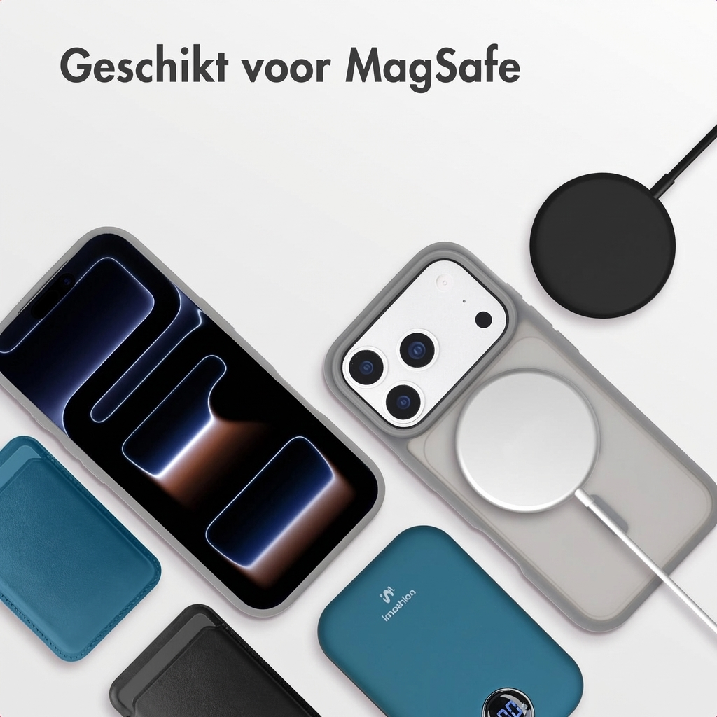 iPhone met MagSafe oplader, hoesje, powerbank en kaarthouder.