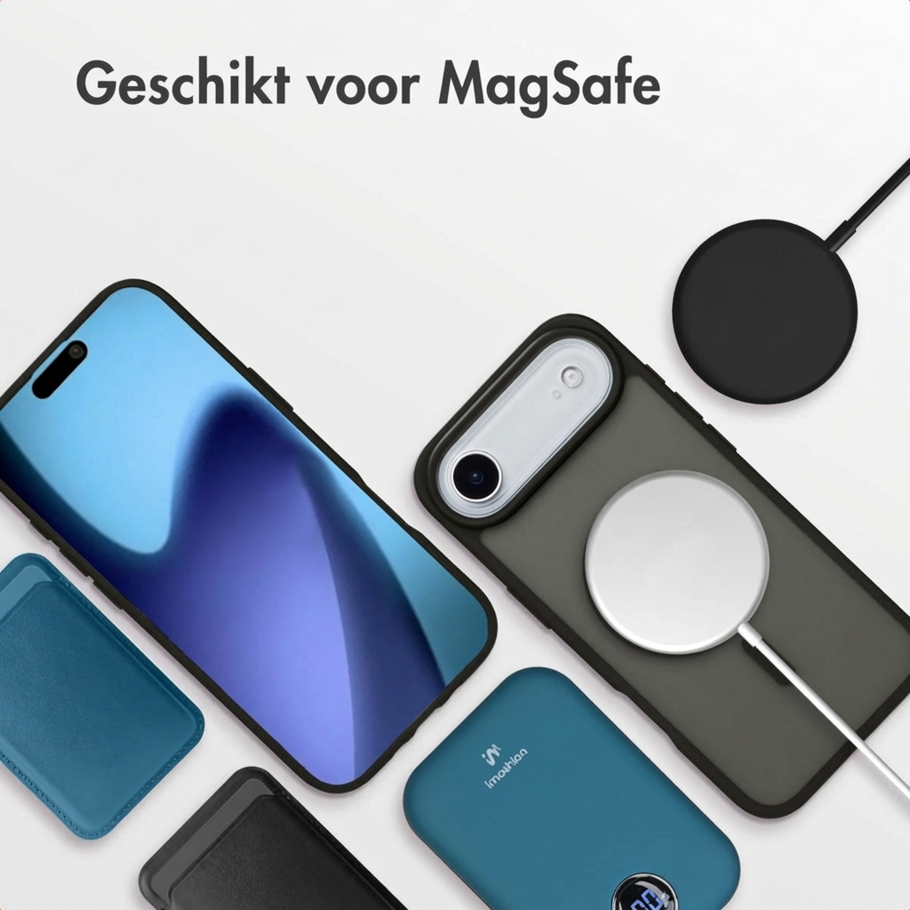 iPhone accessoires: MagSafe hoesje, powerbank, oplaadkabel, lader.