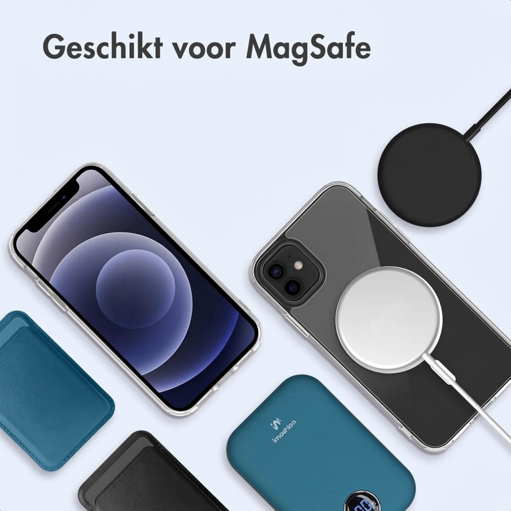 Un iPhone con caricabatterie MagSafe e accessori, inclusi power bank e porta carte.