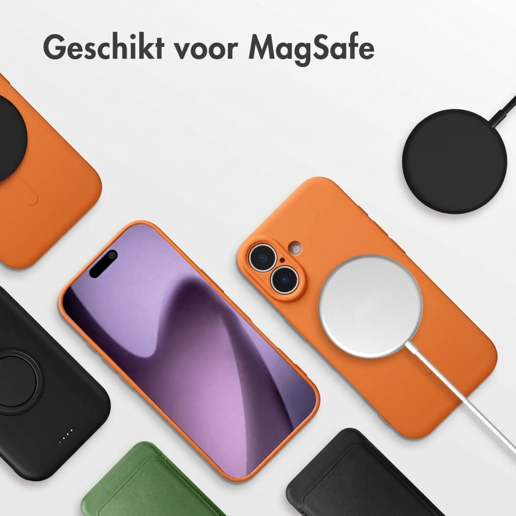 Coques de téléphone orange et noires avec chargeur MagSafe et un téléphone.