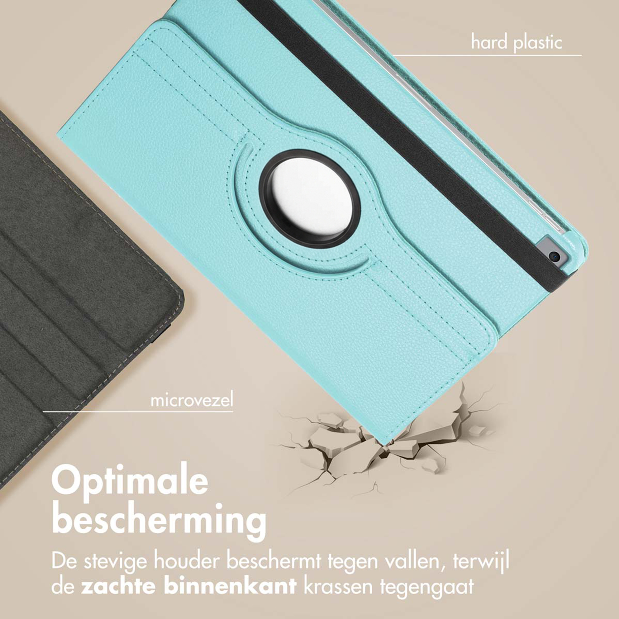 Turquoise tablet case of hard plastic and microfiber with black strap.