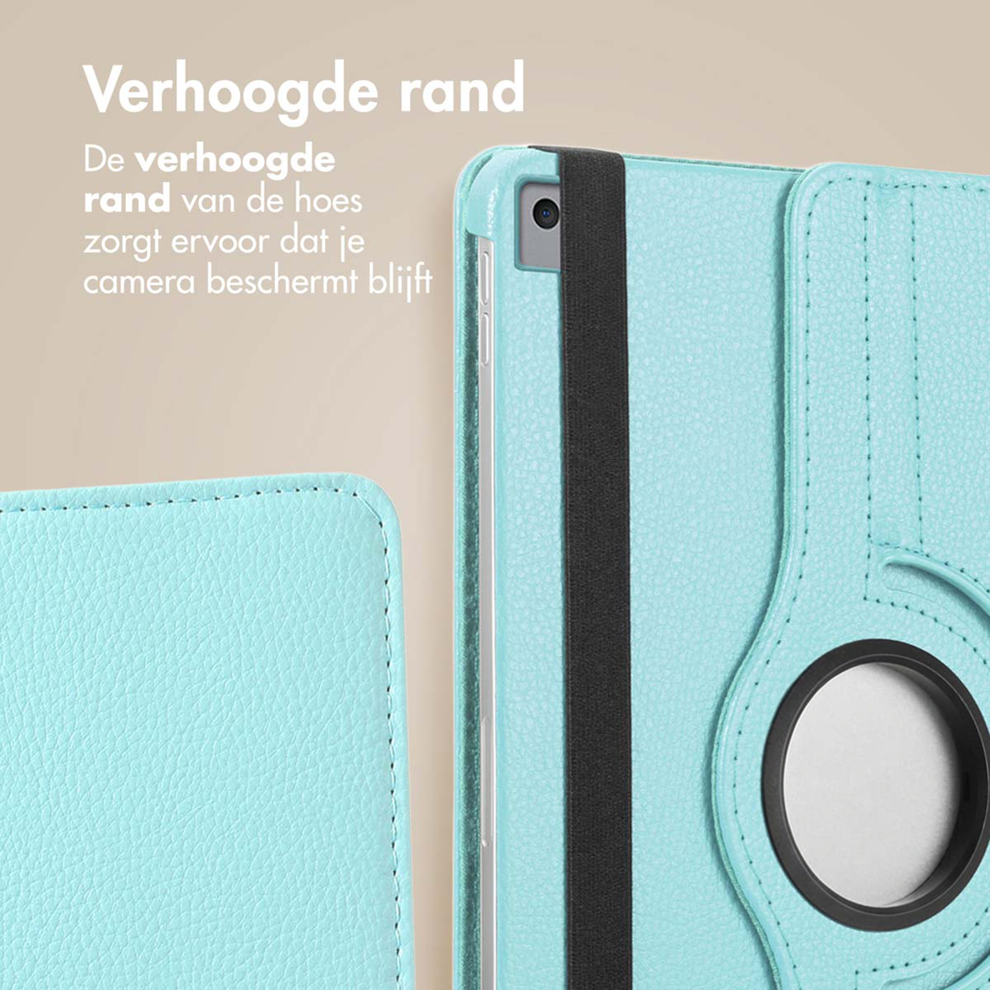 Turquoise case with raised edge and black strap for camera protection.