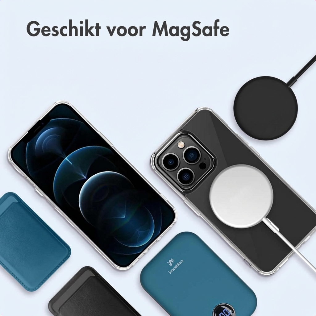 iPhone trasparente con caricatore MagSafe, power bank e porta carte.