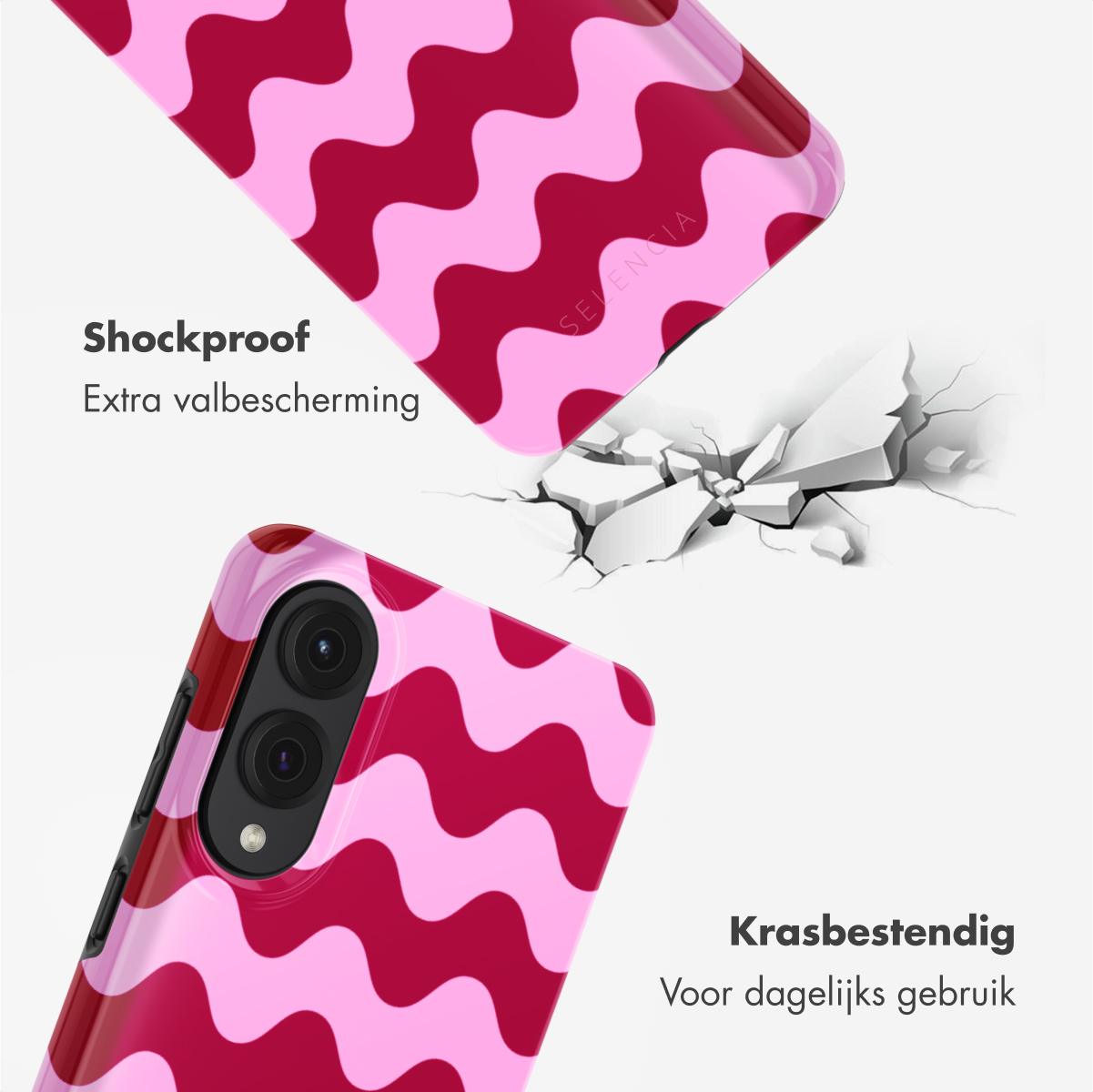 Custodia per telefono con motivo ondulato rosa e rosso scuro che cade su terreno crepato.