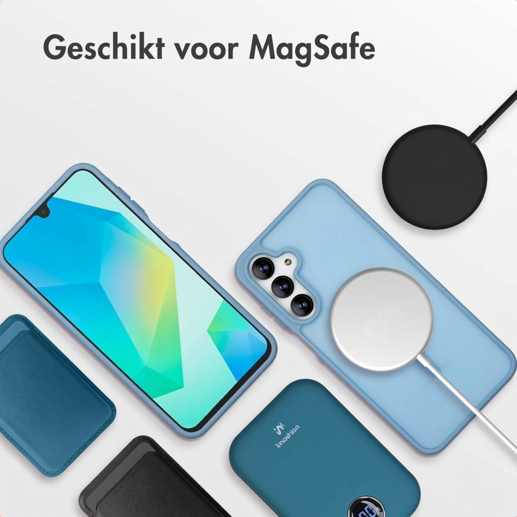 Uno smartphone blu, custodia, caricabatterie e accessori su sfondo bianco.