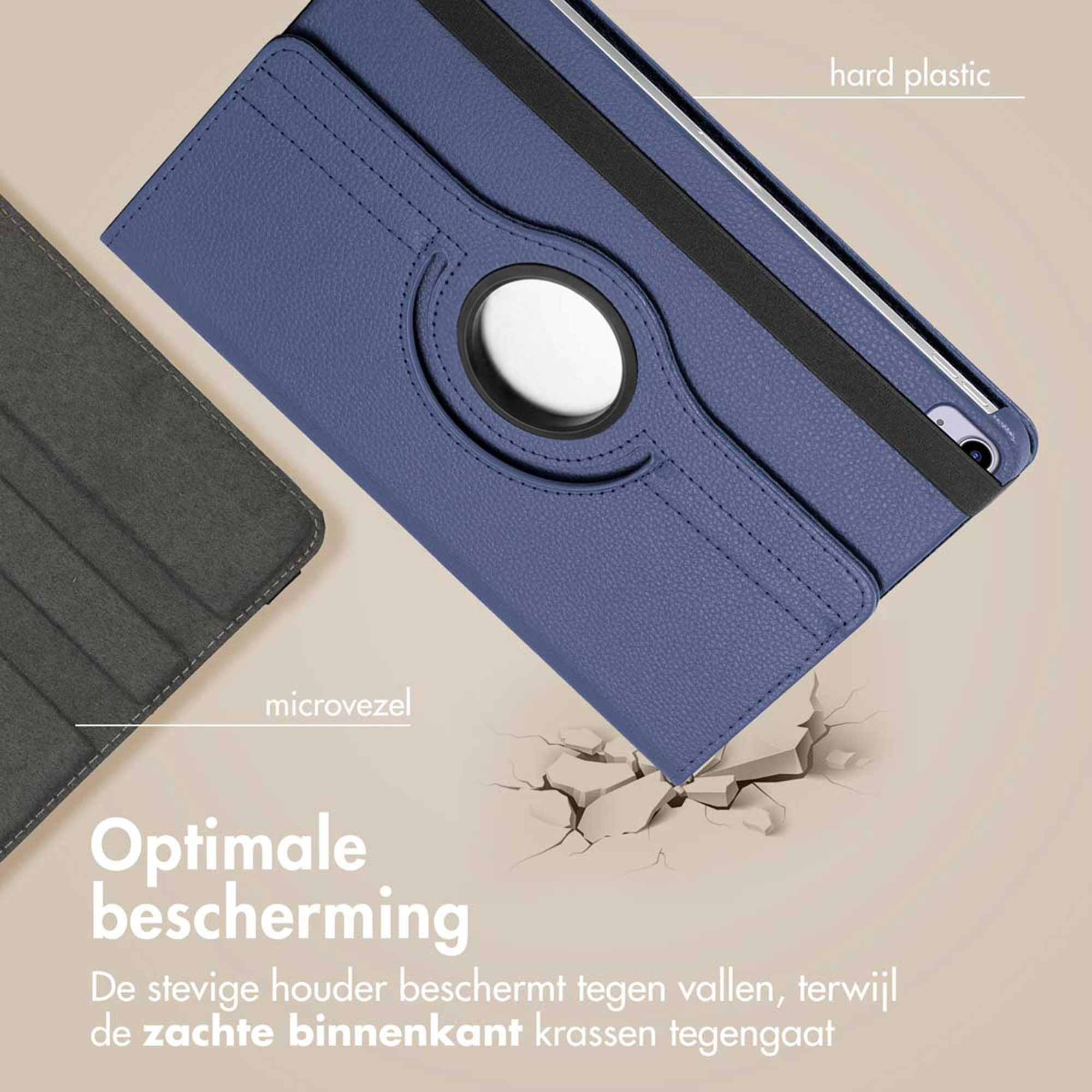 Blue tablet case made of hard plastic and microfiber with a circular opening.