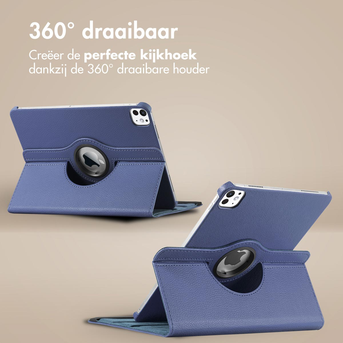 Purple tablet case with a rotating holder, showing the tablet in different views.