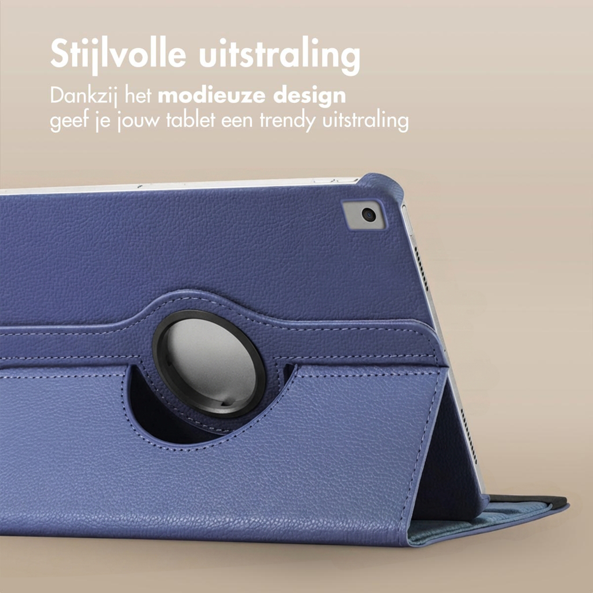 A purple tablet case with a rotating ring and a camera cutout.