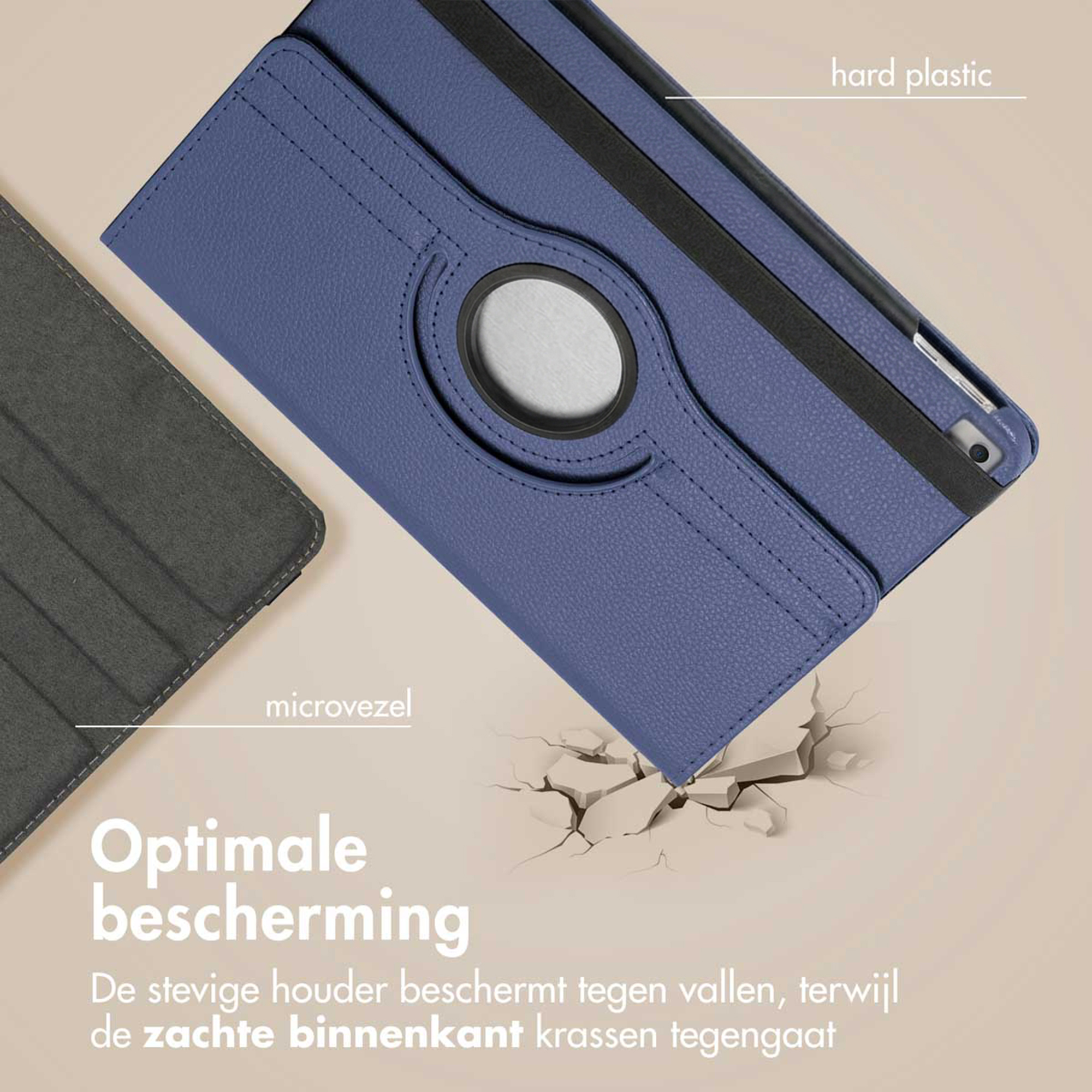 Blue tablet case with microfiber and hard plastic, offering optimal protection.