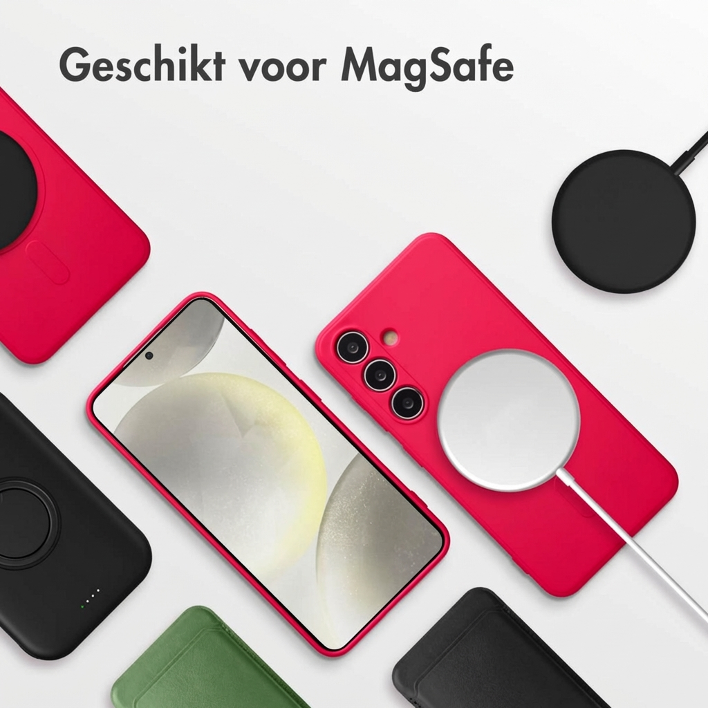 Rode en zwarte telefoonhoesjes met MagSafe lader en smartphone.