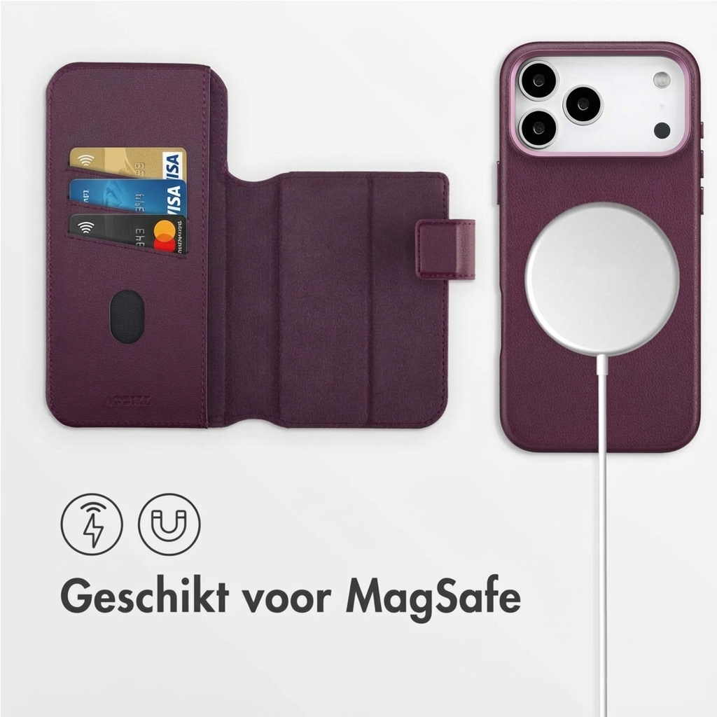 Étui violet pour iPhone avec fentes pour cartes et chargeur MagSafe.